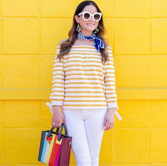 NEW J Crew Striped Off the Shoulder Top, Size XXSmall, Color White/Yellow - Picture 1 of 9